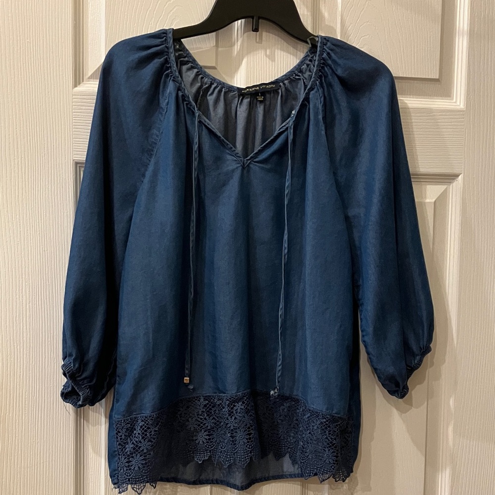Adrienne Vittadini Navy Peasant Tunic with Lace Hem